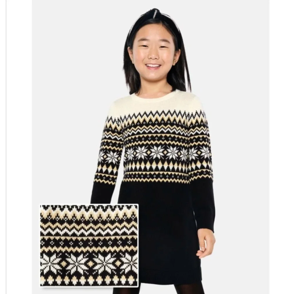The Children's Place Girls Snowflake Fairisle Sweater Dress Black Size M 7/8 NEW